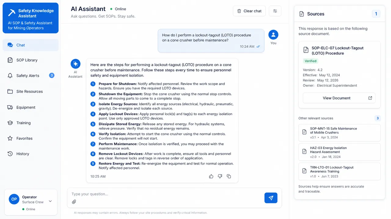 AI SOP & Safety Knowledge Assistant: Contoh tampilan: chatbot AI menjawab prosedur keselamatan dengan langkah & referensi sumber