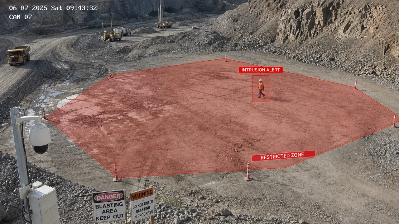 Danger Zone Intrusion Detection: Contoh tampilan: geofence virtual dengan alarm intrusi otomatis