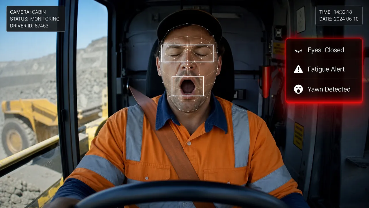 Fatigue Detection System: Contoh tampilan: deteksi mata tertutup, menguap & microsleep dari kamera kabin