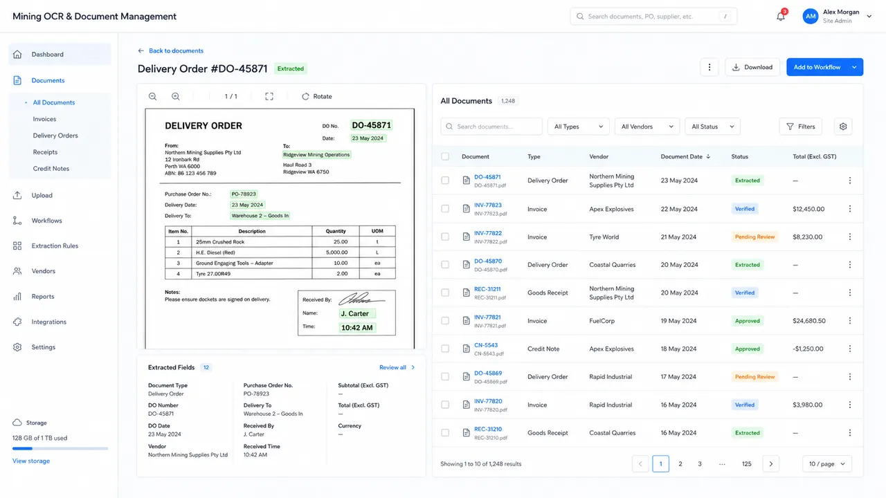OCR & Document Management System: Contoh tampilan: ekstraksi field otomatis dan arsip dokumen digital yang dapat dicari