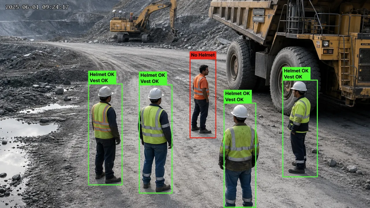 PPE Safety Monitoring: Contoh tampilan: deteksi helm & rompi otomatis dengan bounding box pada feed CCTV