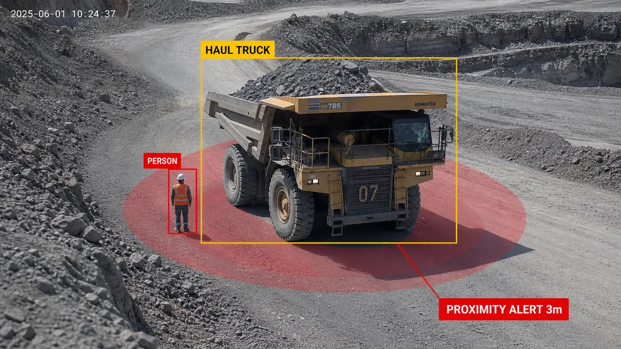 Proximity & Collision Avoidance: Contoh tampilan: deteksi orang di zona bahaya dengan peringatan proximity