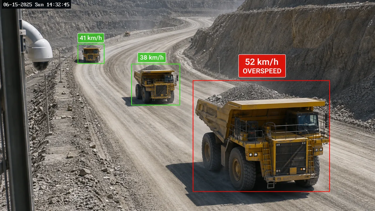 Truck Speed Detection: Contoh tampilan: estimasi kecepatan per unit dan penandaan overspeed otomatis