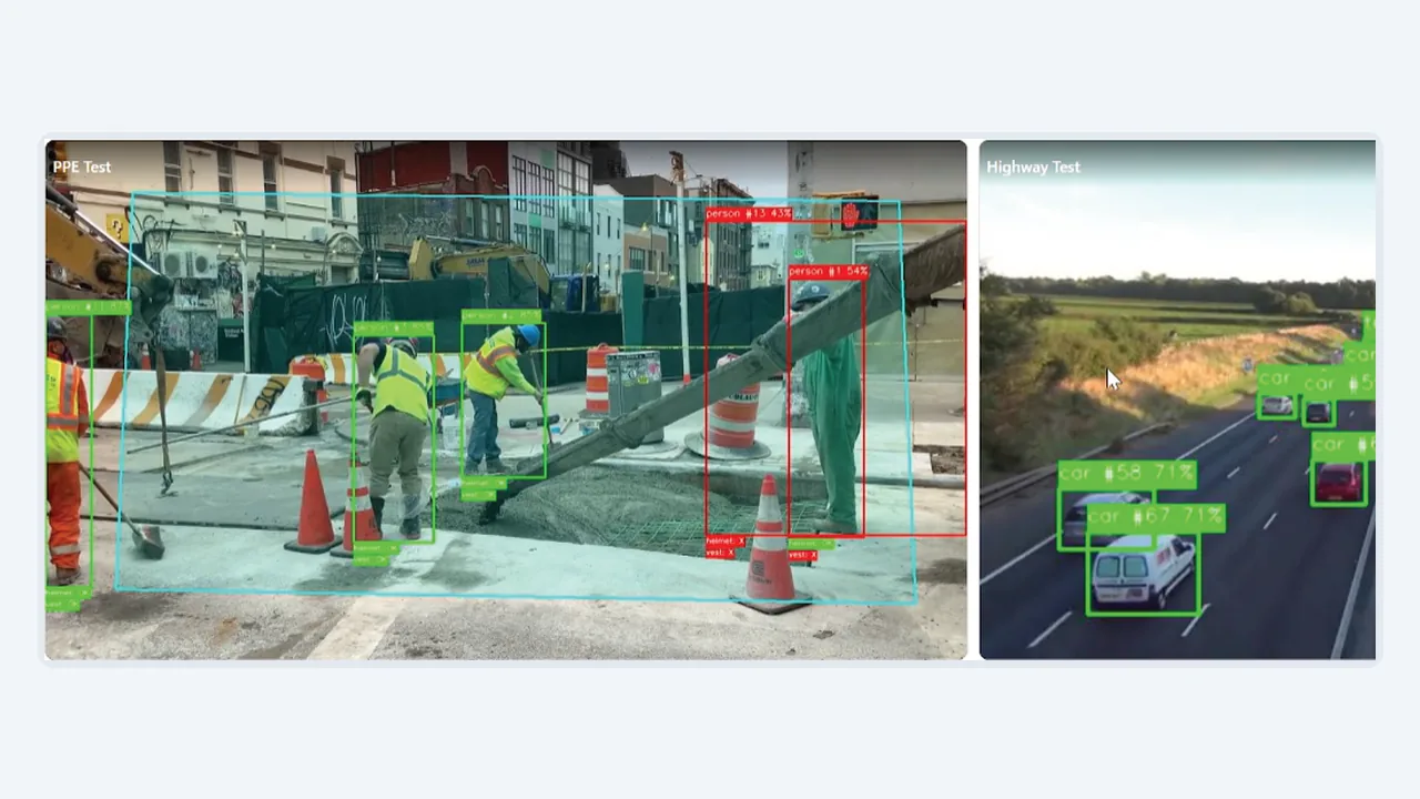 Video Analytics SDK: Contoh tampilan: dashboard live stream dengan overlay deteksi PPE dan kendaraan